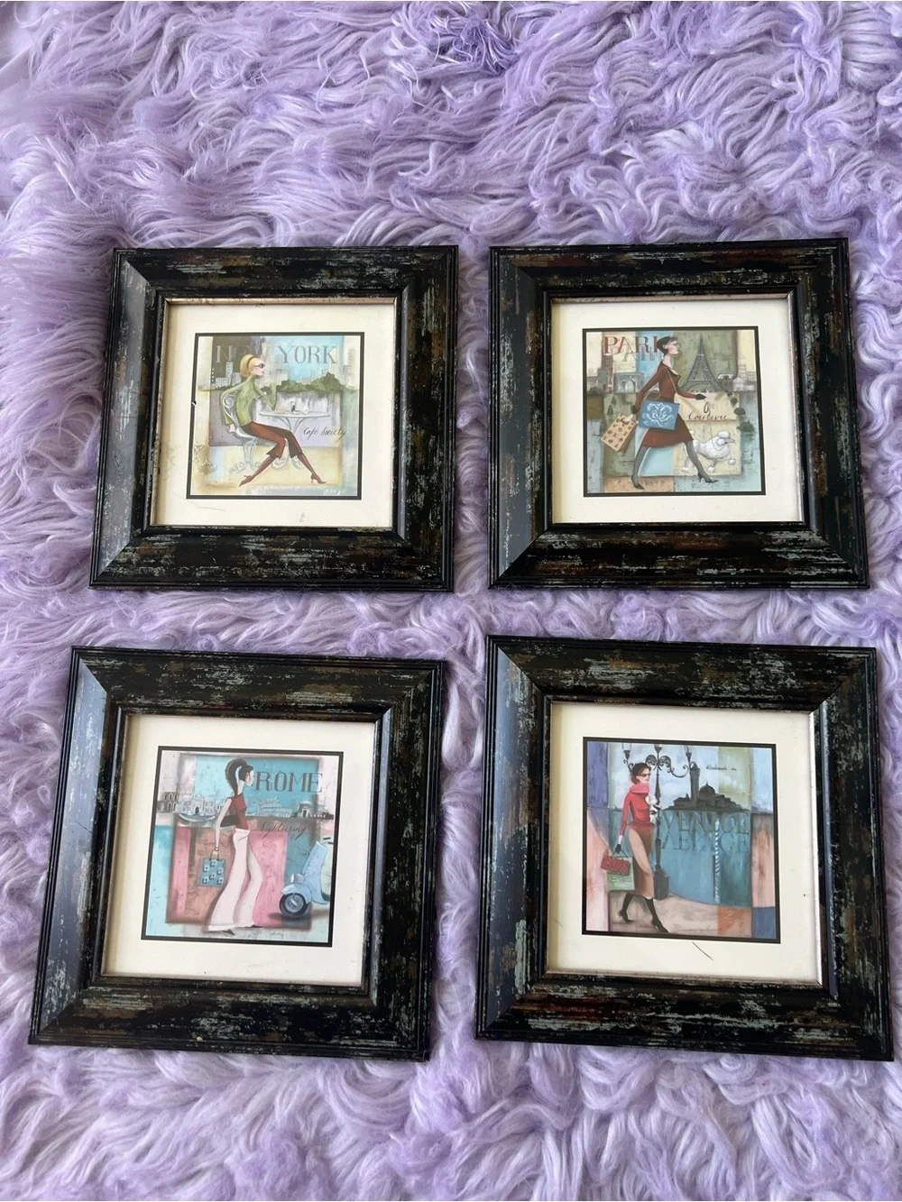 Karen Dupre Set Of Four Chick City Themed Framed Prints 7”x7”
